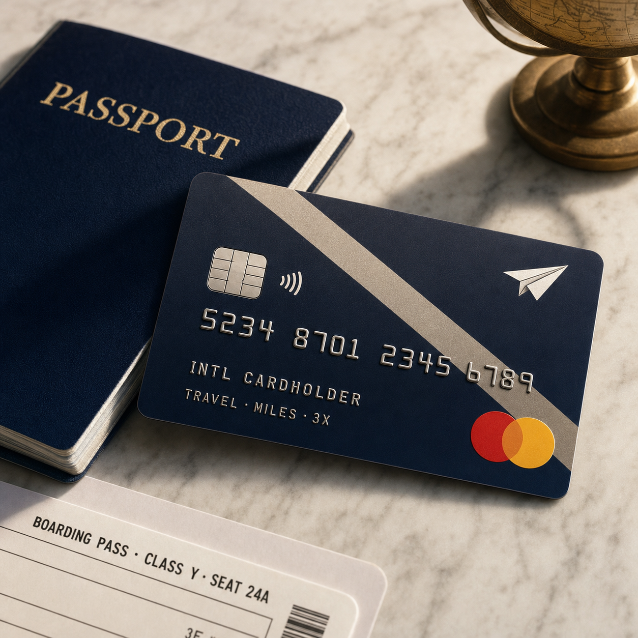 Travel rewards Mastercard with passport and boarding pass